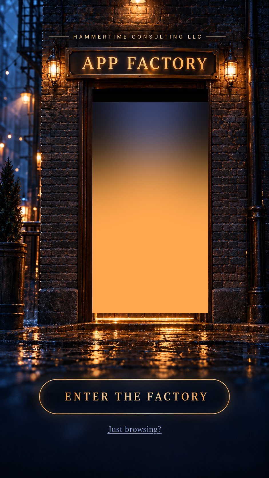 A club door at night on a wet brick street: a wooden door bearing the AF monogram under a lit sign reading App Factory, warm light spilling from the seams of the door.